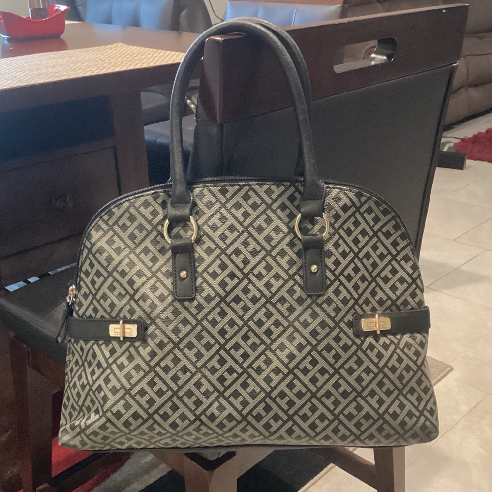 Tommy Hilfiger Black Patterned Dome Satchel Handbag